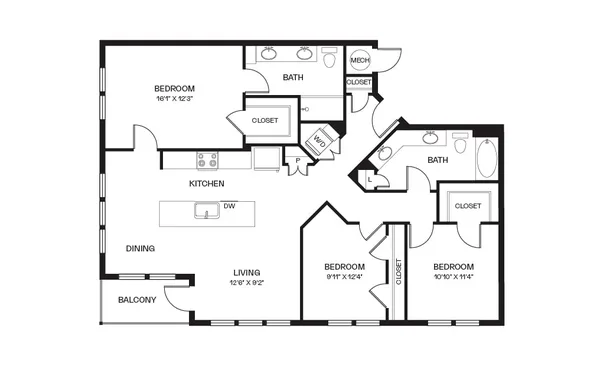 Noteworthy floor plan, 3 bedroom, 1,400 sq ft