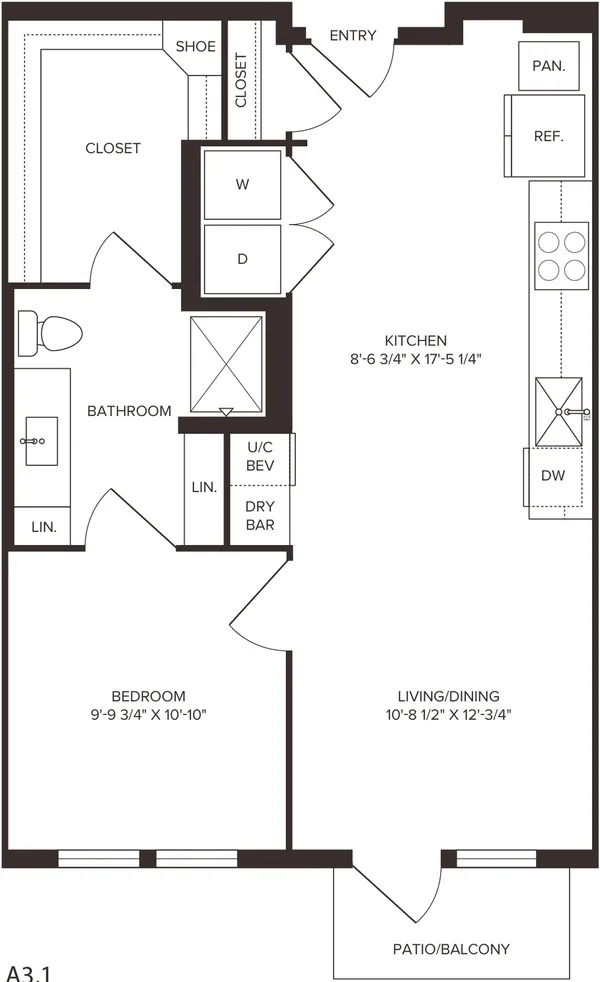 A3.1 floor plan, 1 bedroom, 677 sq ft
