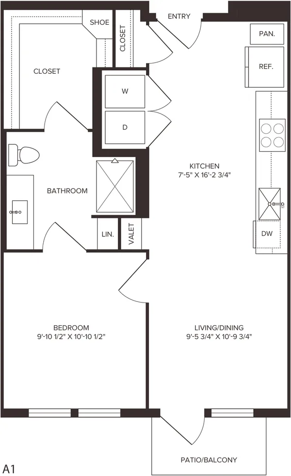 A1 floor plan, 1 bedroom, 590 sq ft