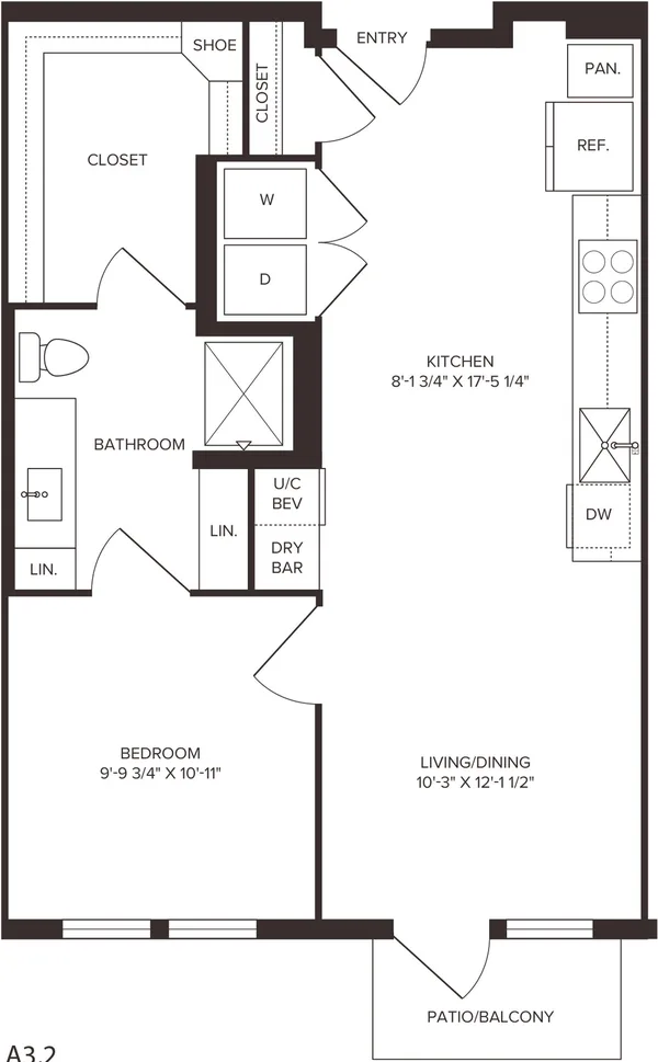 A3.2 floor plan, 1 bedroom, 681 sq ft