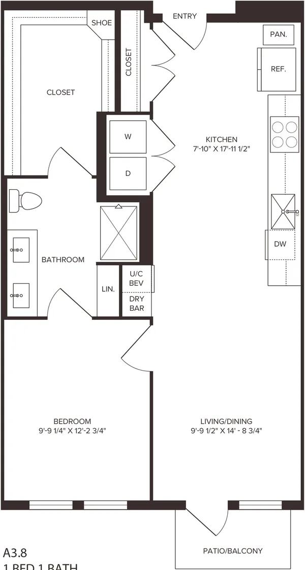 A3.8 floor plan, 1 bedroom, 717 sq ft