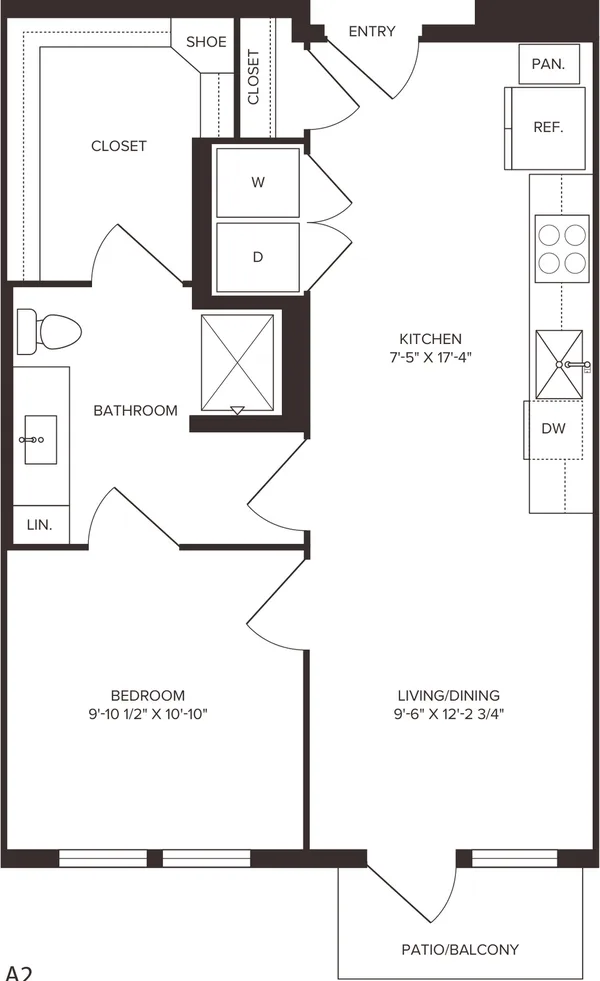A2 floor plan, 1 bedroom, 640 sq ft
