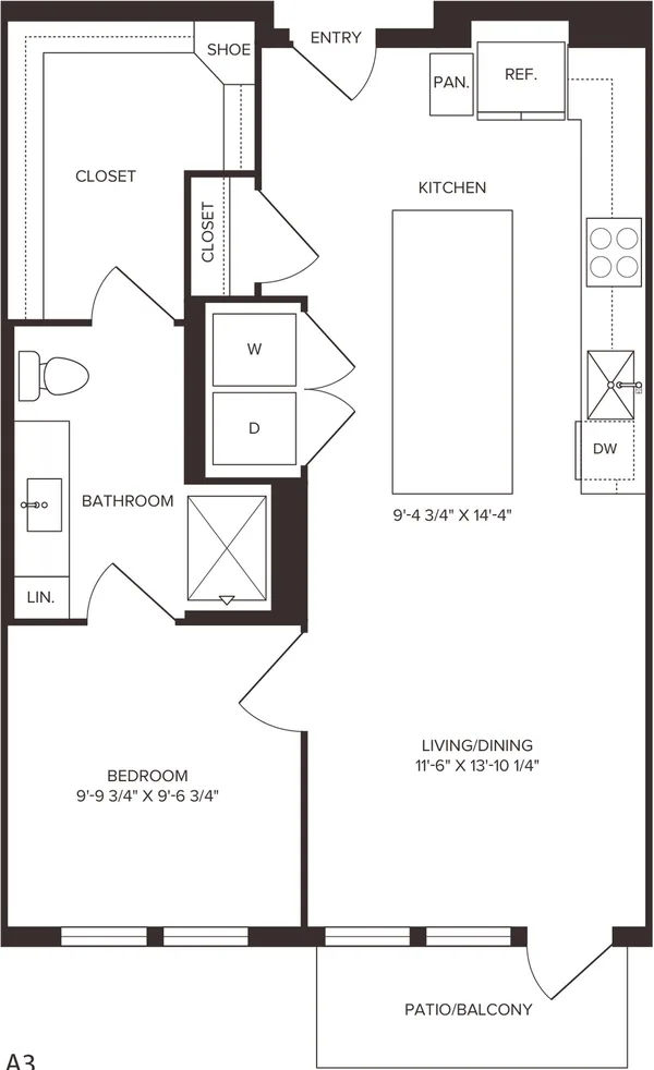 A3 floor plan, 1 bedroom, 683 sq ft