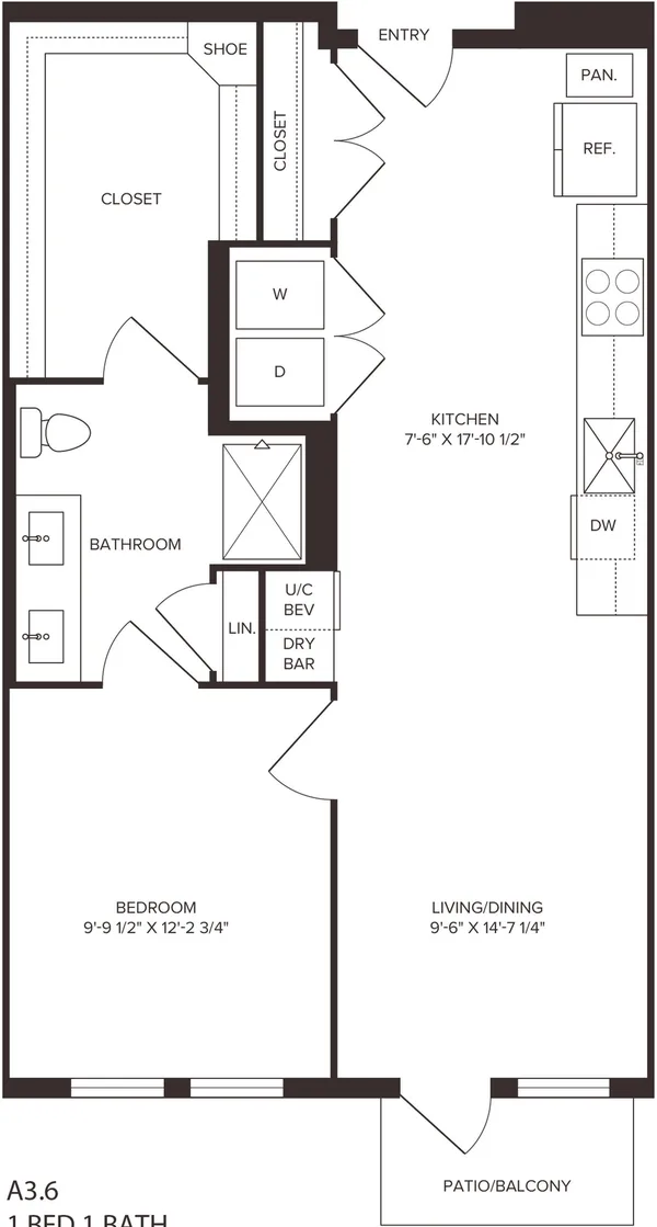 A3.6 floor plan, 1 bedroom, 703 sq ft