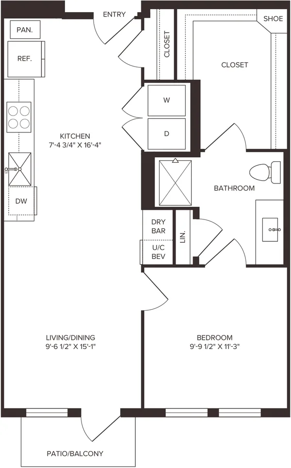 A3.3 floor plan, 1 bedroom, 678 sq ft