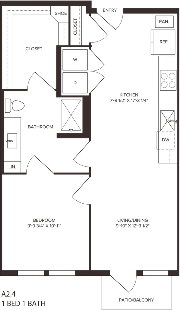A2.4 floor plan, 1 bedroom, 660 sq ft