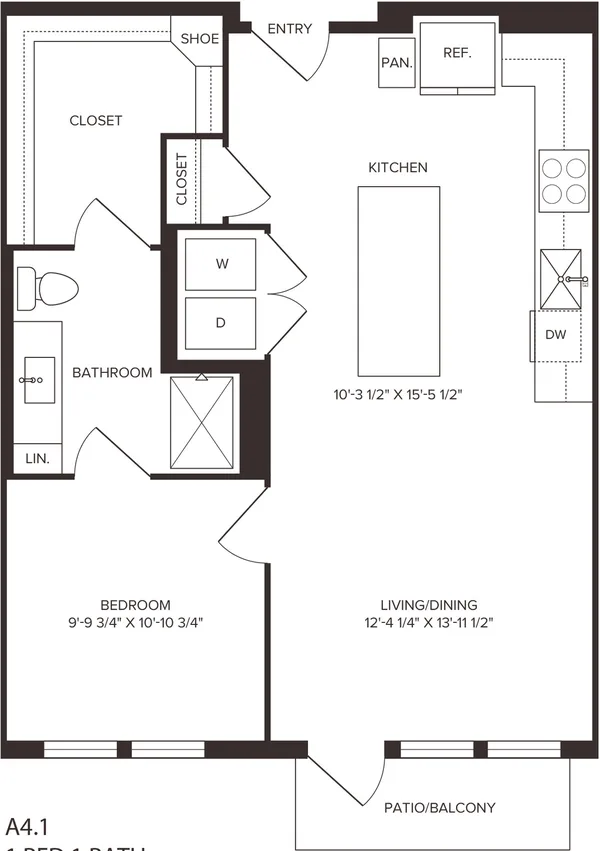 A4.1 floor plan, 1 bedroom, 730 sq ft