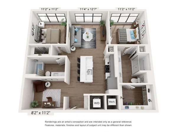 B2: 2 Bed 2 Bath – AFF floor plan, 2 bedroom, 1,100 sq ft