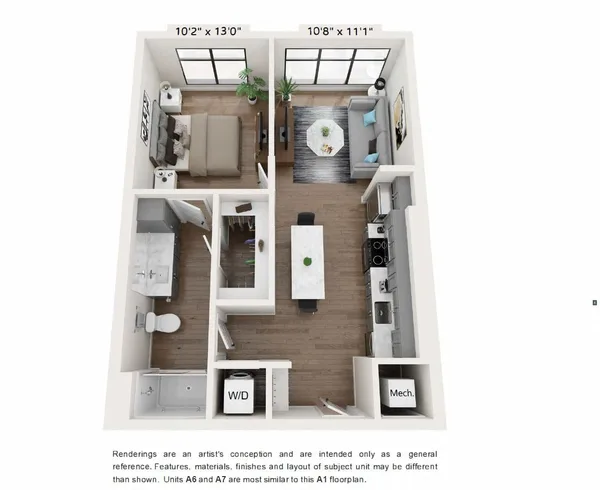 A3: 1 Bed 1 Bath – AFF floor plan, 1 bedroom, 727 sq ft