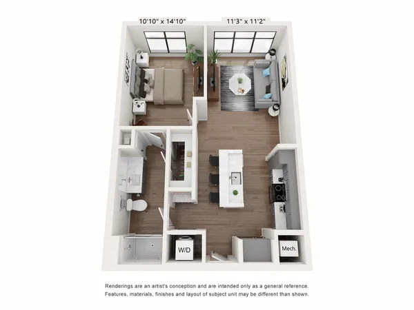 A4: 1 Bed 1 Bath floor plan, 1 bedroom, 739 sq ft