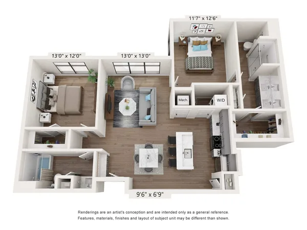 B6: 2 Bed 2 Bath floor plan, 2 bedroom, 1,295 sq ft