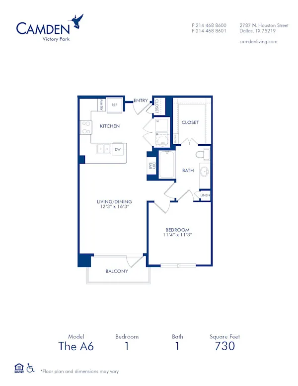 A6 floor plan, 1 bedroom, 730 sq ft