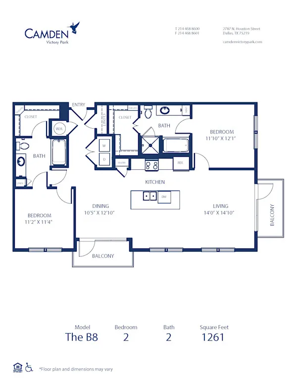 B8 floor plan, 2 bedroom, 1,261 sq ft