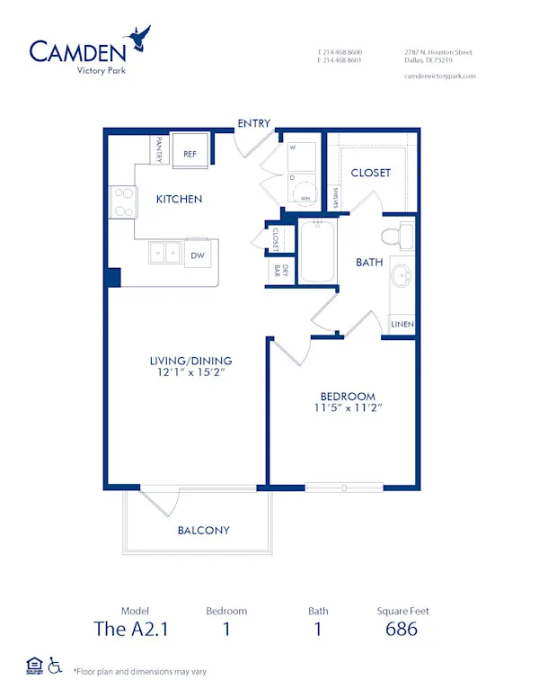 A2.1 floor plan, 1 bedroom, 686 sq ft