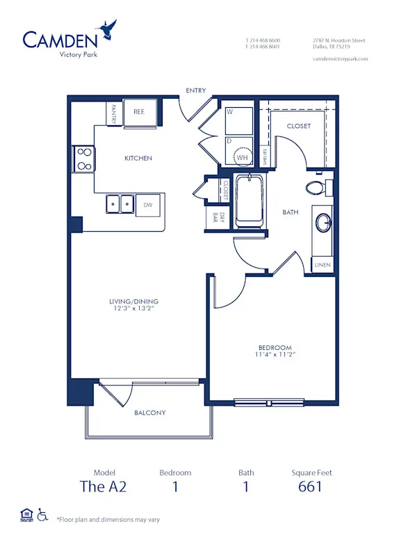 A2 floor plan, 1 bedroom, 661 sq ft