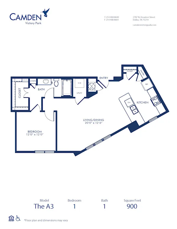A3 floor plan, 1 bedroom, 900 sq ft