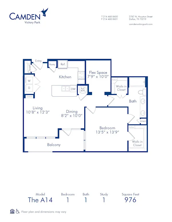 A14 floor plan, 1 bedroom, 976 sq ft