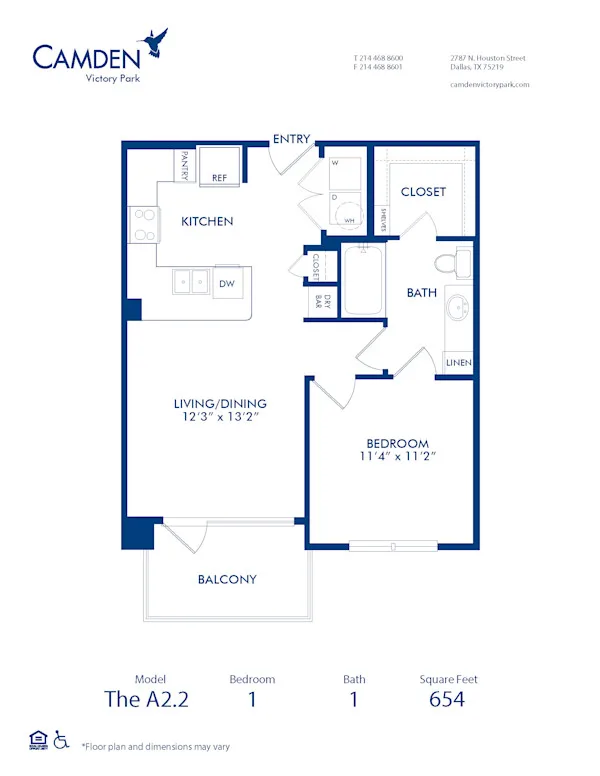 A2.2 floor plan, 1 bedroom, 654 sq ft