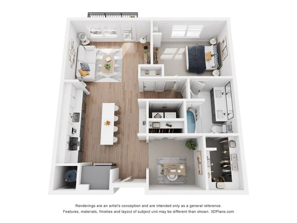 A15 floor plan, 1 bedroom, 882 sq ft