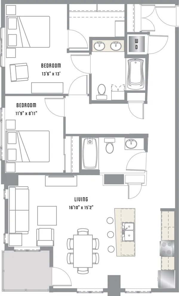 B2 floor plan, 2 bedroom, 1,138 sq ft
