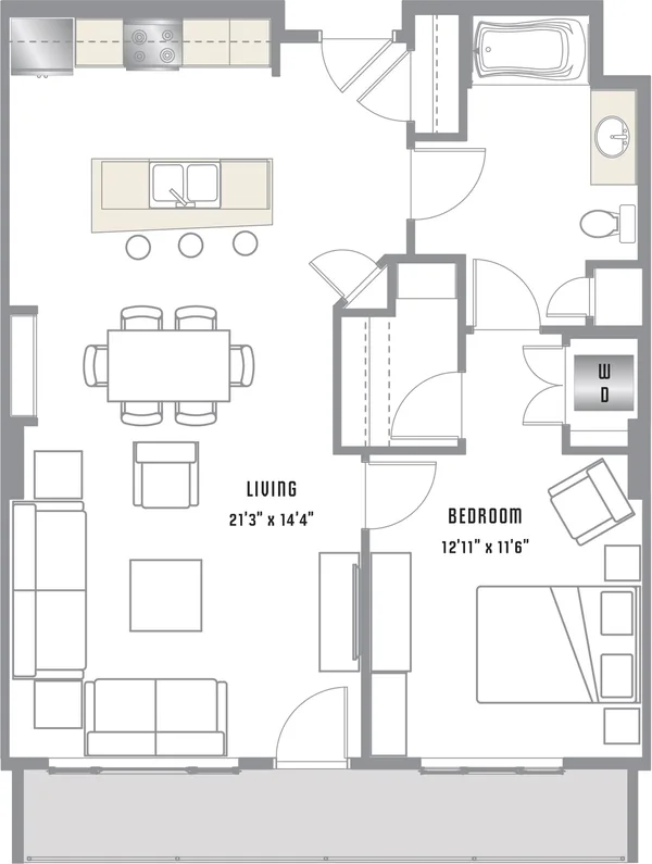 A7 floor plan, 1 bedroom, 881 sq ft