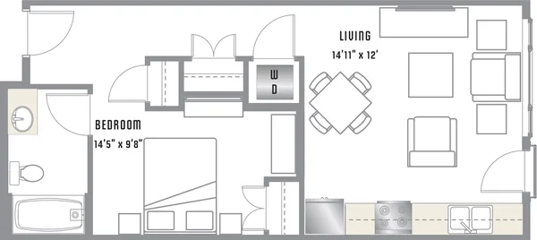 A2 floor plan, 1 bedroom, 583 sq ft