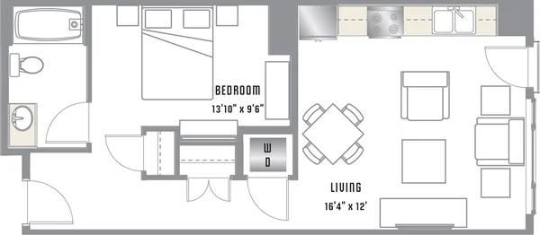 A3 floor plan, 1 bedroom, 596 sq ft