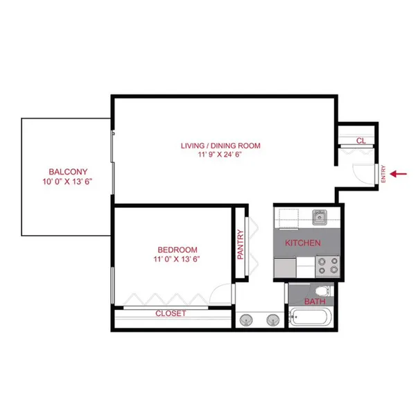 A3 floor plan, 1 bedroom, 665 sq ft