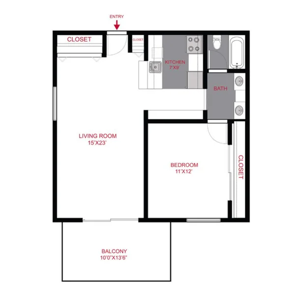 A2 floor plan, 1 bedroom