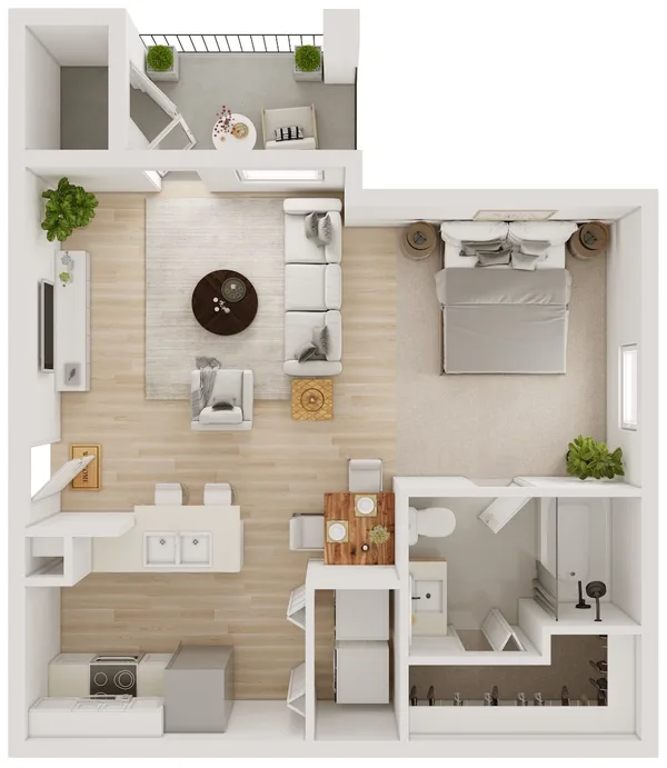 E1 floor plan, studio, 542 sq ft