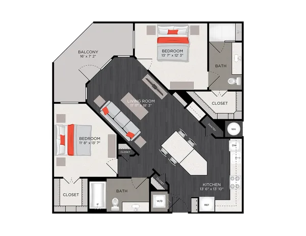 B9_auap   2 bed 2 bath floor plan, 2 bedroom, 1,514 sq ft