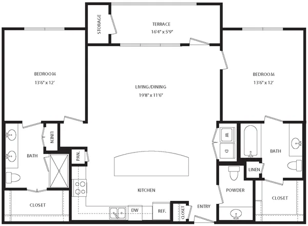 B3A floor plan, 2 bedroom, 1,259 sq ft