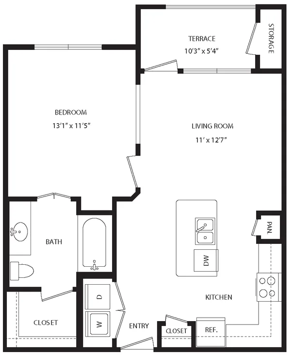 A1A floor plan, 1 bedroom, 650 sq ft
