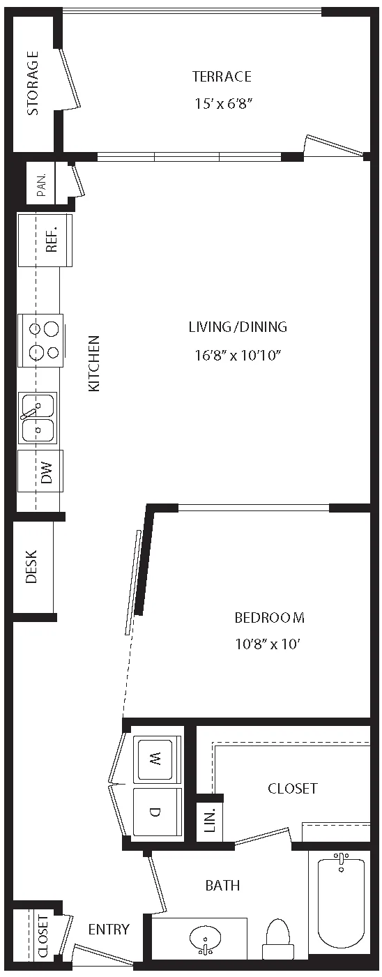 A1E floor plan, 1 bedroom, 711 sq ft