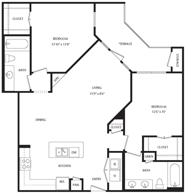 B2E floor plan, 2 bedroom, 1,137 sq ft