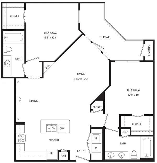B2D floor plan, 2 bedroom, 1,105 sq ft