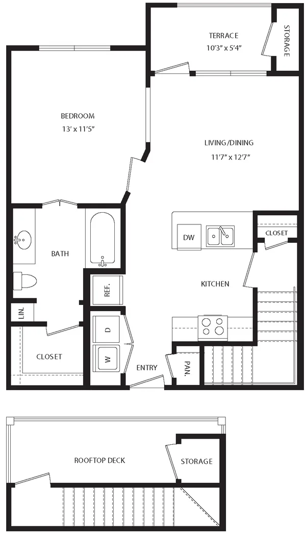 A1D floor plan, 1 bedroom, 698 sq ft