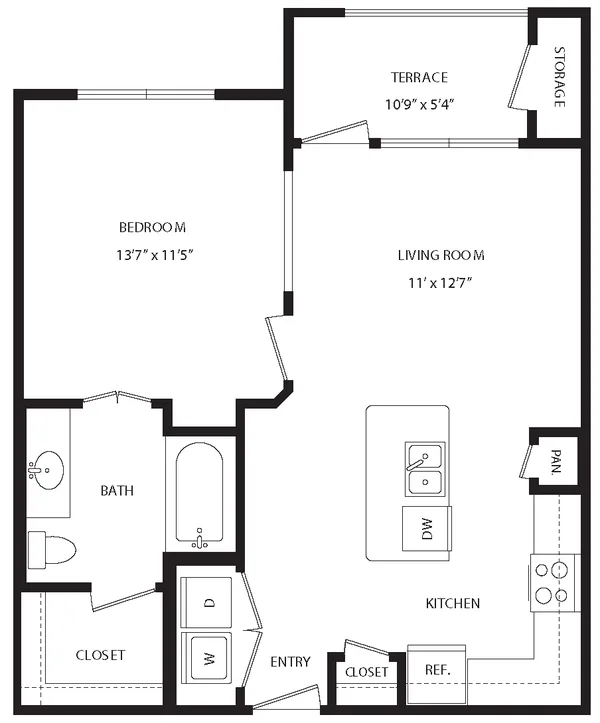 A1B floor plan, 1 bedroom, 663 sq ft