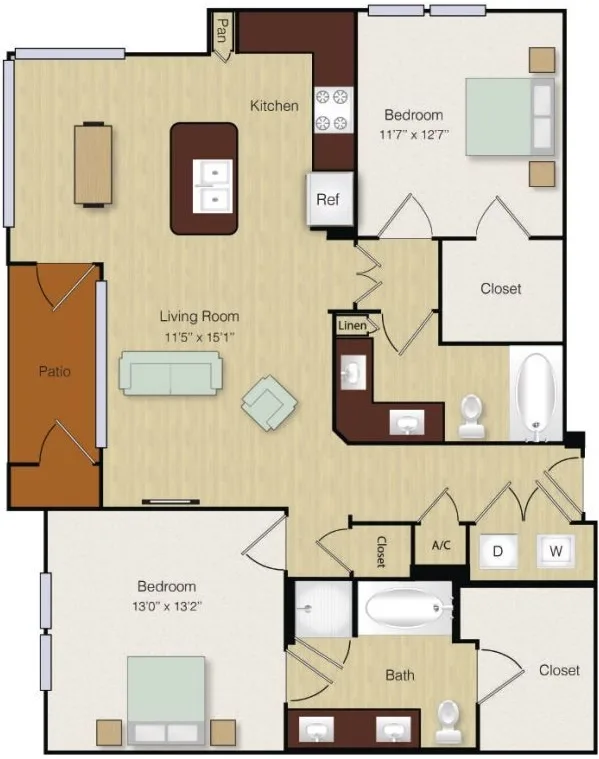 B2 floor plan, 2 bedroom, 1,133 sq ft