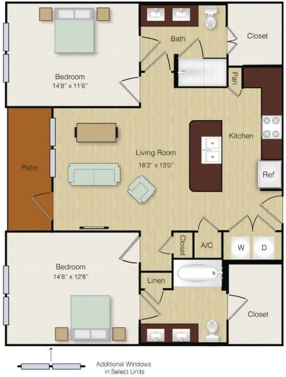 B1 floor plan, 2 bedroom, 1,046 sq ft