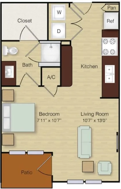 A1 floor plan, studio, 482 sq ft