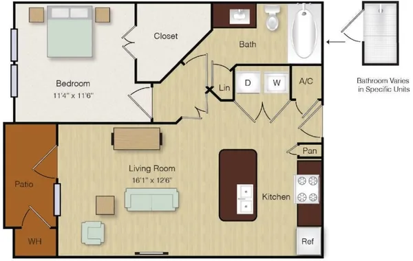 A6 floor plan, 1 bedroom, 646 sq ft