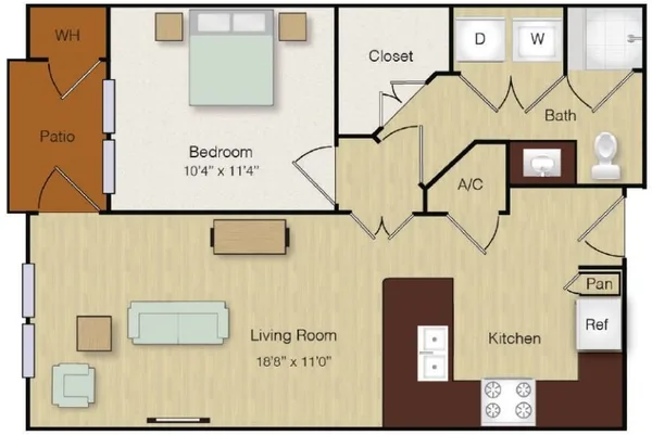 A5 floor plan, 1 bedroom, 608 sq ft