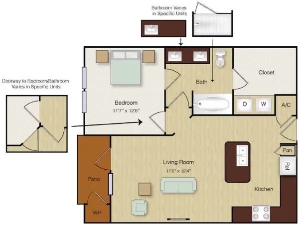 A8 floor plan, 1 bedroom, 705 sq ft