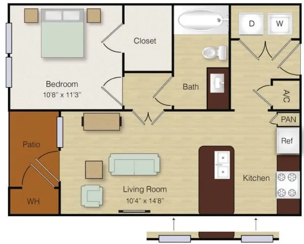 A3 floor plan, 1 bedroom, 557 sq ft