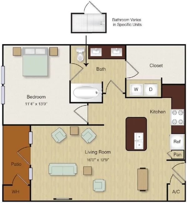 A9 floor plan, 1 bedroom, 762 sq ft