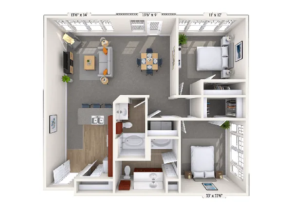 22E floor plan, 2 bedroom, 1,121 sq ft