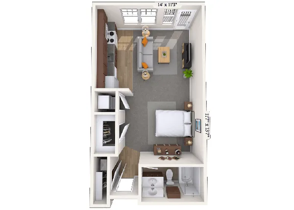 01B floor plan, studio, 557 sq ft