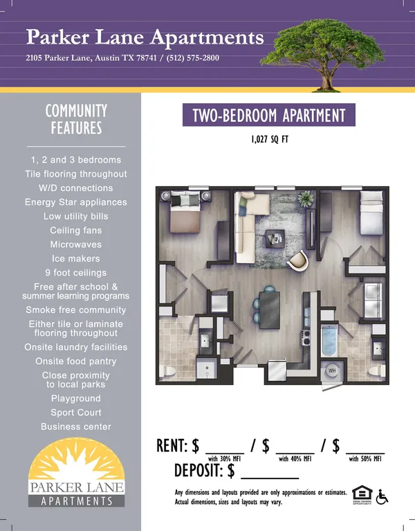 2 Bed 2 Bath floor plan, 2 bedroom, 1,027 sq ft