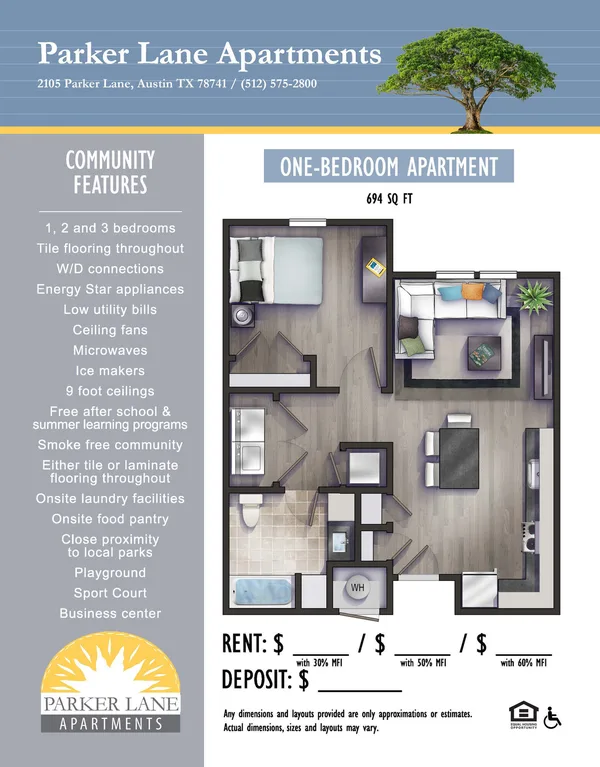 1 Bed 1 Bath floor plan, 1 bedroom, 694 sq ft